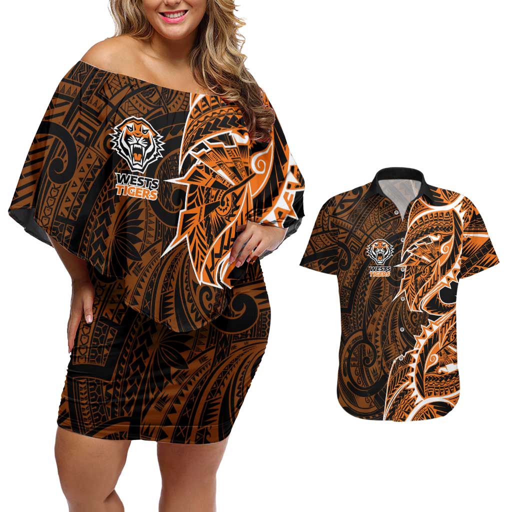 Wests Tigers Couples Matching Off Shoulder Short Dress and Hawaiian Shirt Polynesian Tribal Tattoo Pacific Sport Art