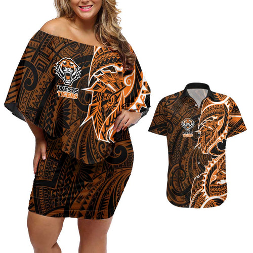 Wests Tigers Couples Matching Off Shoulder Short Dress and Hawaiian Shirt Polynesian Tribal Tattoo Pacific Sport Art