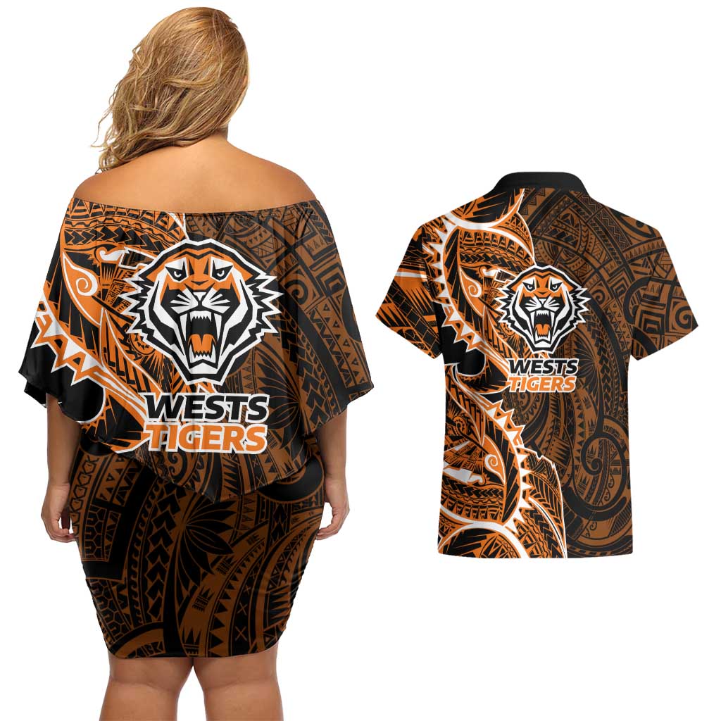 Wests Tigers Couples Matching Off Shoulder Short Dress and Hawaiian Shirt Polynesian Tribal Tattoo Pacific Sport Art