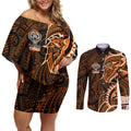 Wests Tigers Couples Matching Off Shoulder Short Dress and Long Sleeve Button Shirt Polynesian Tribal Tattoo Pacific Sport Art
