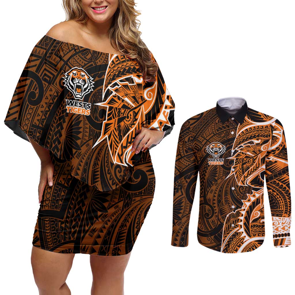 Wests Tigers Couples Matching Off Shoulder Short Dress and Long Sleeve Button Shirt Polynesian Tribal Tattoo Pacific Sport Art