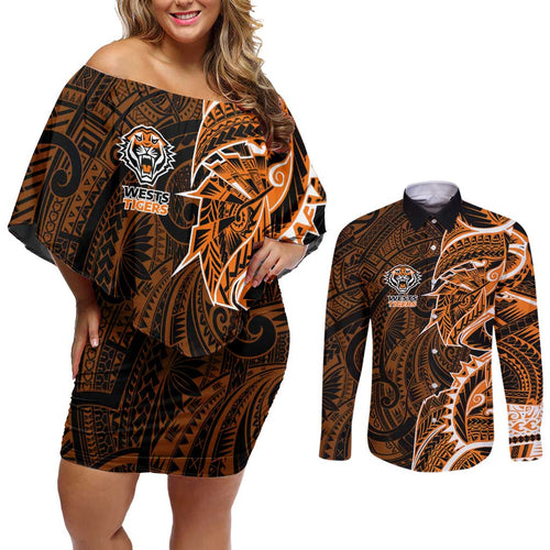 Wests Tigers Couples Matching Off Shoulder Short Dress and Long Sleeve Button Shirt Polynesian Tribal Tattoo Pacific Sport Art