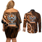 Wests Tigers Couples Matching Off Shoulder Short Dress and Long Sleeve Button Shirt Polynesian Tribal Tattoo Pacific Sport Art