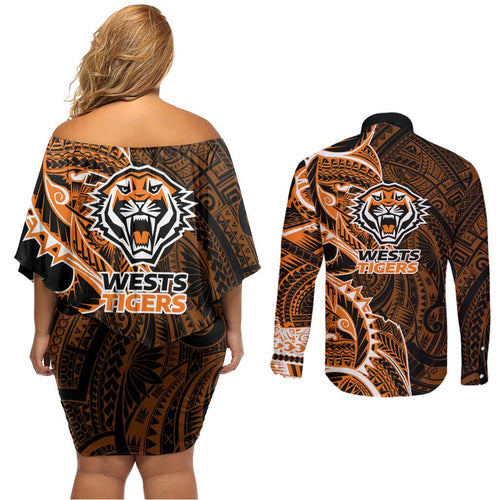 Wests Tigers Couples Matching Off Shoulder Short Dress and Long Sleeve Button Shirt Polynesian Tribal Tattoo Pacific Sport Art
