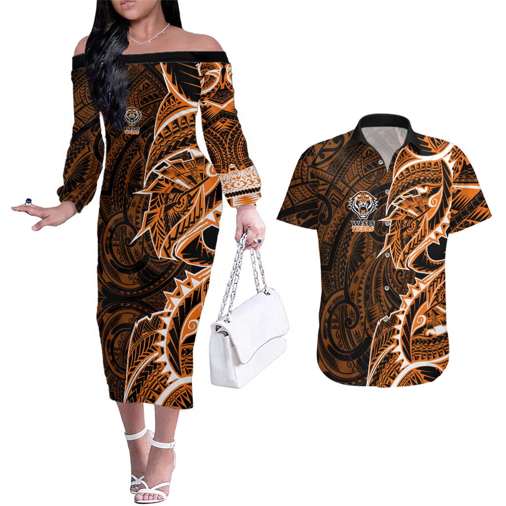 Wests Tigers Couples Matching Off The Shoulder Long Sleeve Dress and Hawaiian Shirt Polynesian Tribal Tattoo Pacific Sport Art