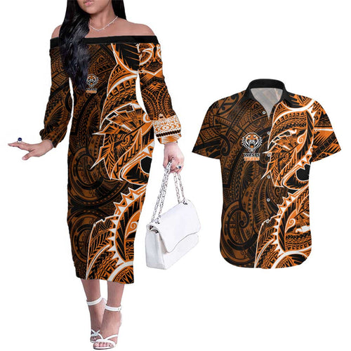 Wests Tigers Couples Matching Off The Shoulder Long Sleeve Dress and Hawaiian Shirt Polynesian Tribal Tattoo Pacific Sport Art