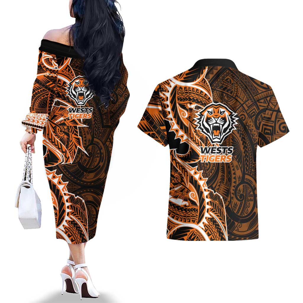 Wests Tigers Couples Matching Off The Shoulder Long Sleeve Dress and Hawaiian Shirt Polynesian Tribal Tattoo Pacific Sport Art