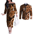 Wests Tigers Couples Matching Off The Shoulder Long Sleeve Dress and Long Sleeve Button Shirt Polynesian Tribal Tattoo Pacific Sport Art