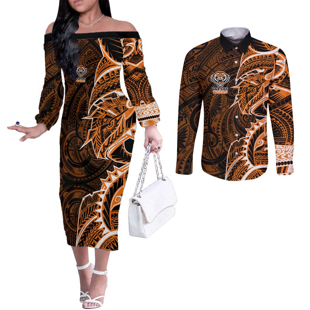 Wests Tigers Couples Matching Off The Shoulder Long Sleeve Dress and Long Sleeve Button Shirt Polynesian Tribal Tattoo Pacific Sport Art