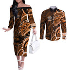 Wests Tigers Couples Matching Off The Shoulder Long Sleeve Dress and Long Sleeve Button Shirt Polynesian Tribal Tattoo Pacific Sport Art