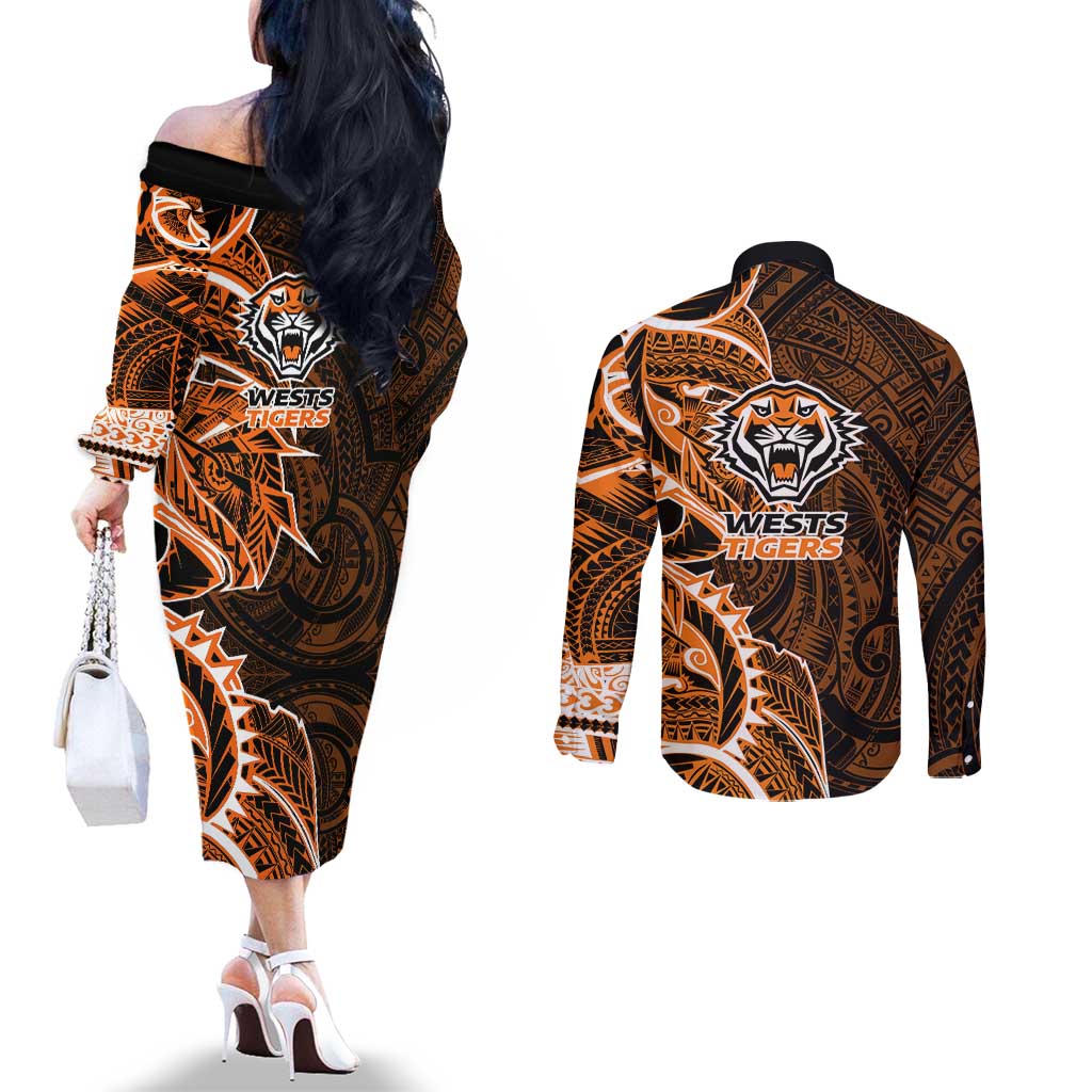 Wests Tigers Couples Matching Off The Shoulder Long Sleeve Dress and Long Sleeve Button Shirt Polynesian Tribal Tattoo Pacific Sport Art