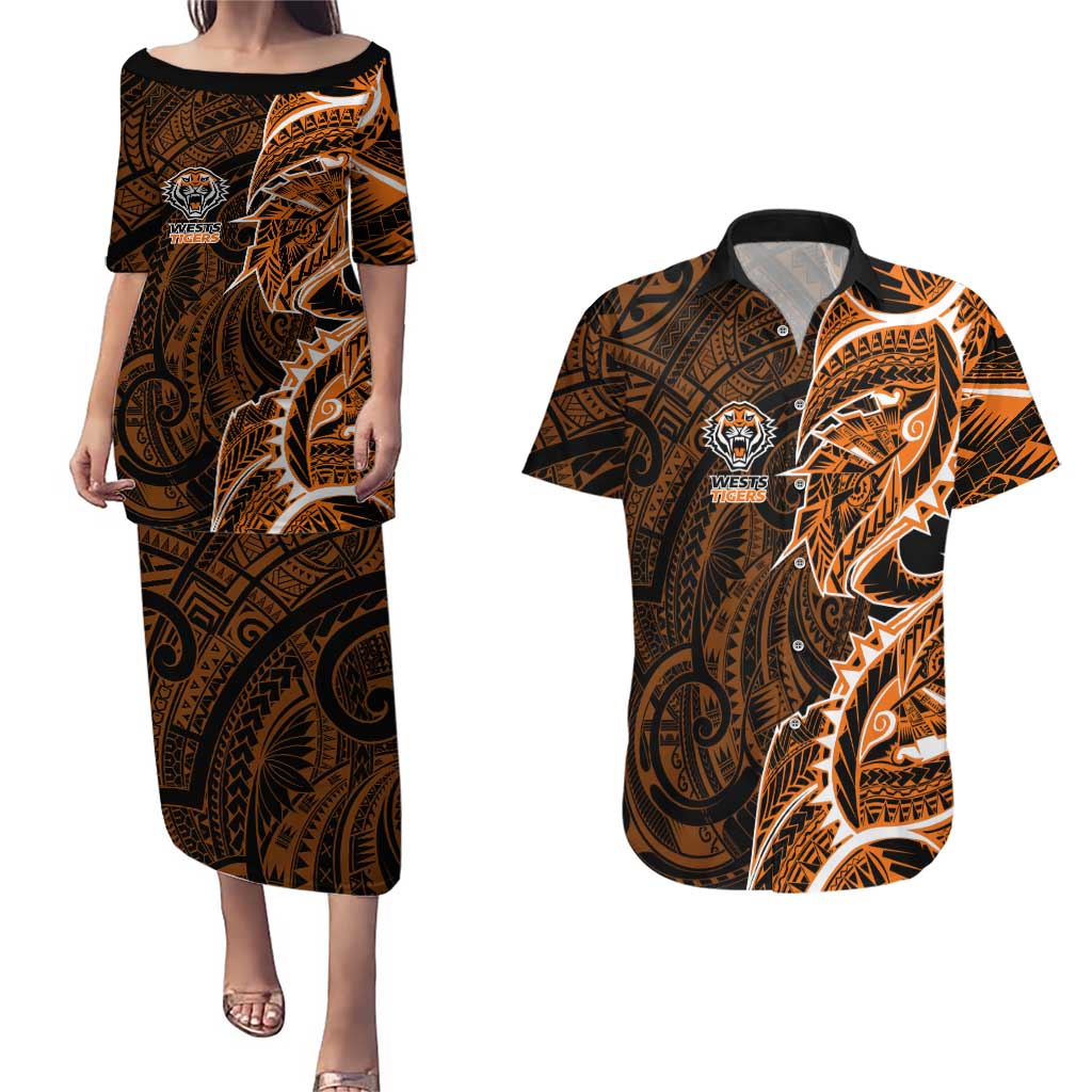 Wests Tigers Couples Matching Puletasi and Hawaiian Shirt Polynesian Tribal Tattoo Pacific Sport Art