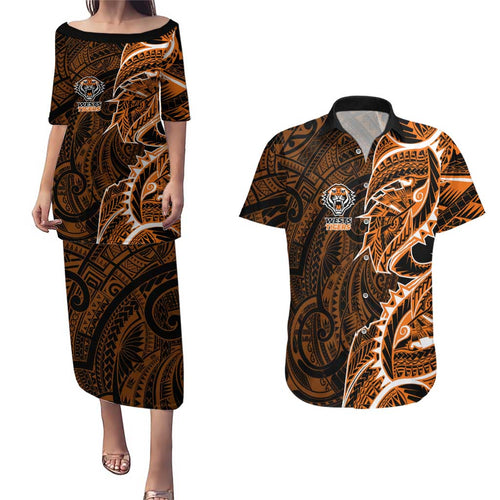 Wests Tigers Couples Matching Puletasi and Hawaiian Shirt Polynesian Tribal Tattoo Pacific Sport Art