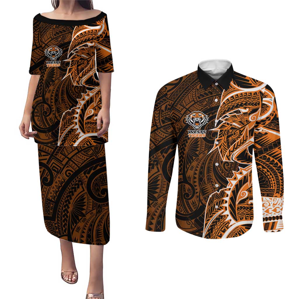 Wests Tigers Couples Matching Puletasi and Long Sleeve Button Shirt Polynesian Tribal Tattoo Pacific Sport Art