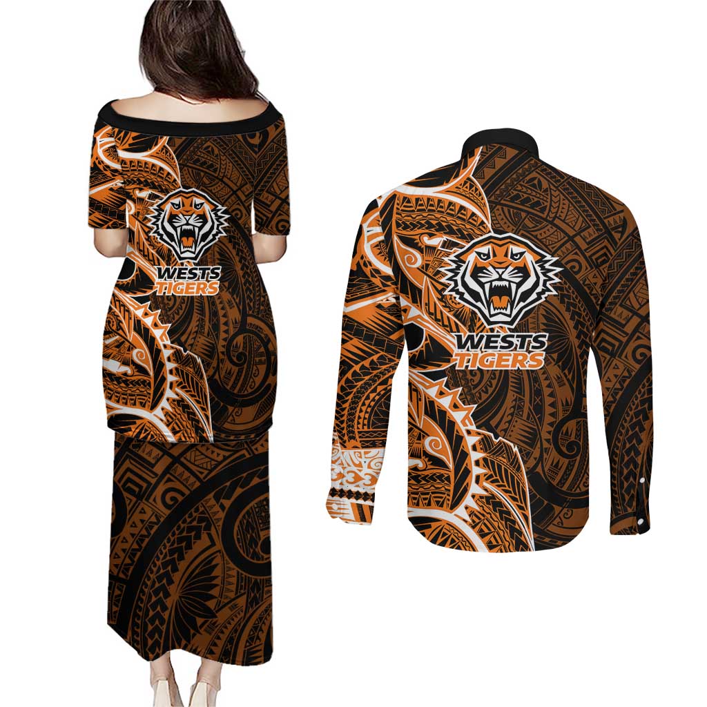 Wests Tigers Couples Matching Puletasi and Long Sleeve Button Shirt Polynesian Tribal Tattoo Pacific Sport Art