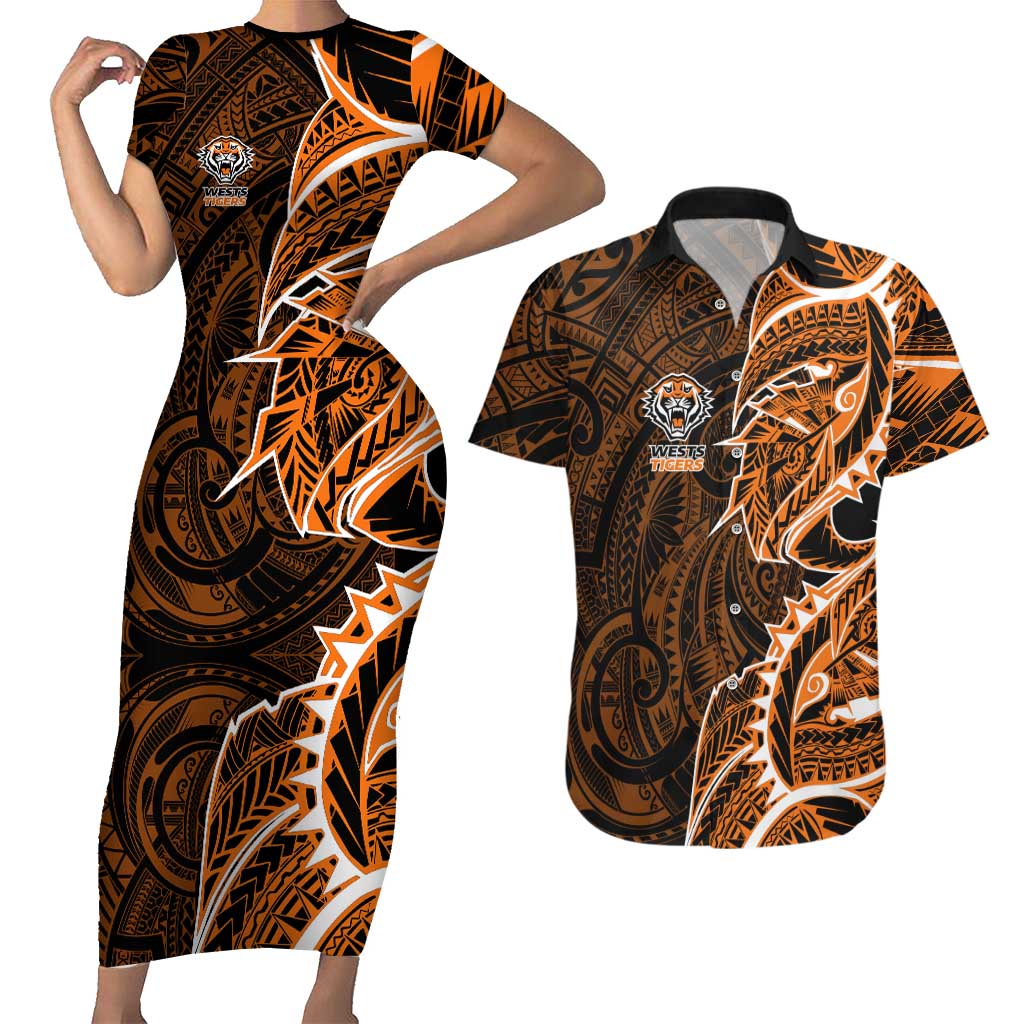 Wests Tigers Couples Matching Short Sleeve Bodycon Dress and Hawaiian Shirt Polynesian Tribal Tattoo Pacific Sport Art