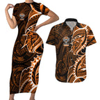 Wests Tigers Couples Matching Short Sleeve Bodycon Dress and Hawaiian Shirt Polynesian Tribal Tattoo Pacific Sport Art