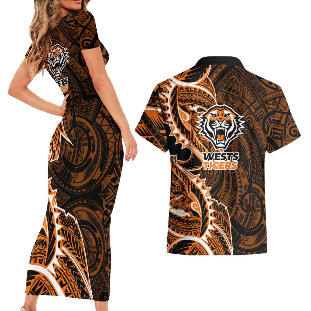 Wests Tigers Couples Matching Short Sleeve Bodycon Dress and Hawaiian Shirt Polynesian Tribal Tattoo Pacific Sport Art