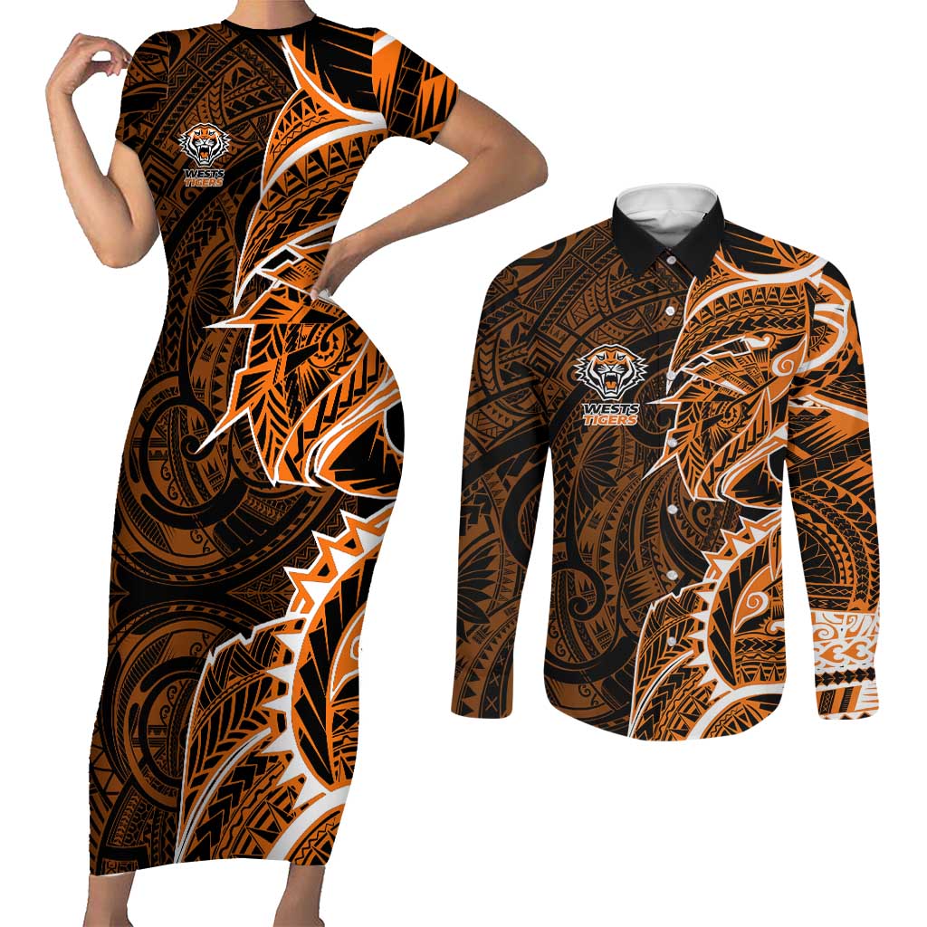 Wests Tigers Couples Matching Short Sleeve Bodycon Dress and Long Sleeve Button Shirt Polynesian Tribal Tattoo Pacific Sport Art