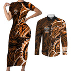 Wests Tigers Couples Matching Short Sleeve Bodycon Dress and Long Sleeve Button Shirt Polynesian Tribal Tattoo Pacific Sport Art