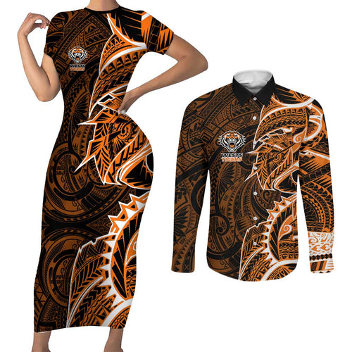 Wests Tigers Couples Matching Short Sleeve Bodycon Dress and Long Sleeve Button Shirt Polynesian Tribal Tattoo Pacific Sport Art