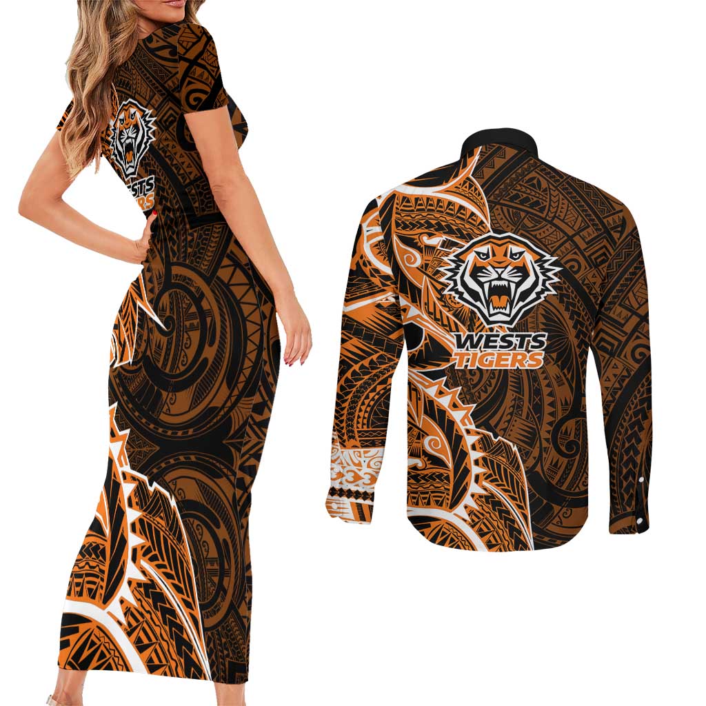 Wests Tigers Couples Matching Short Sleeve Bodycon Dress and Long Sleeve Button Shirt Polynesian Tribal Tattoo Pacific Sport Art