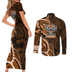 Wests Tigers Couples Matching Short Sleeve Bodycon Dress and Long Sleeve Button Shirt Polynesian Tribal Tattoo Pacific Sport Art