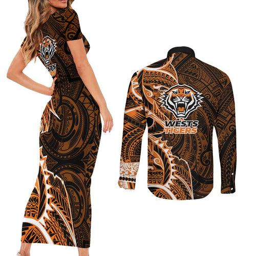 Wests Tigers Couples Matching Short Sleeve Bodycon Dress and Long Sleeve Button Shirt Polynesian Tribal Tattoo Pacific Sport Art