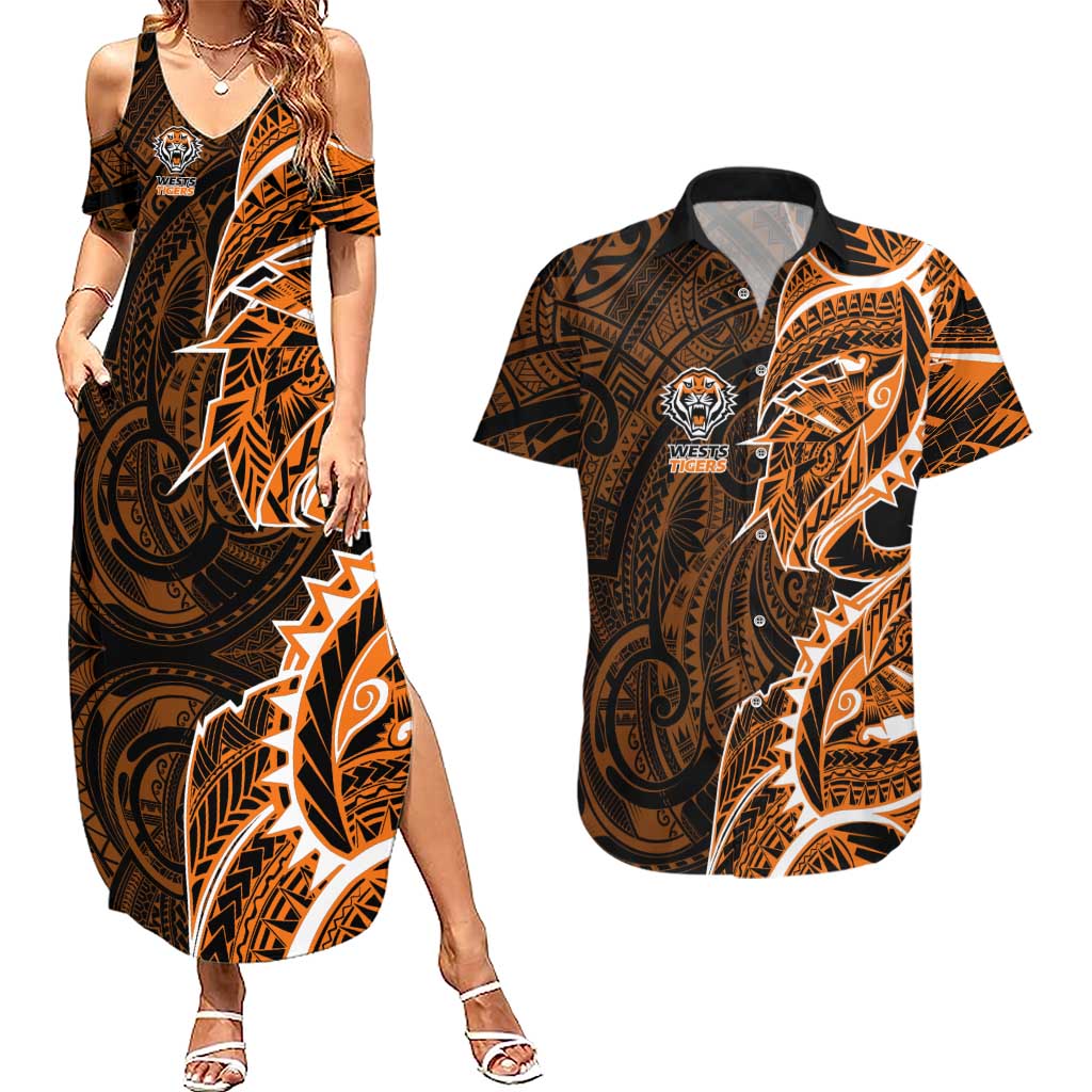 Wests Tigers Couples Matching Summer Maxi Dress and Hawaiian Shirt Polynesian Tribal Tattoo Pacific Sport Art