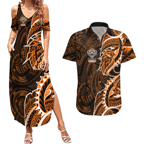 Wests Tigers Couples Matching Summer Maxi Dress and Hawaiian Shirt Polynesian Tribal Tattoo Pacific Sport Art