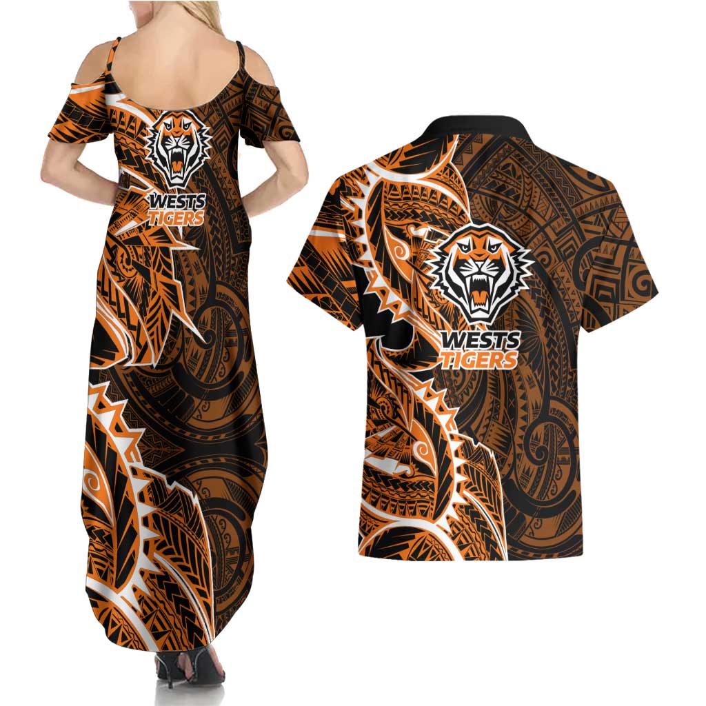 Wests Tigers Couples Matching Summer Maxi Dress and Hawaiian Shirt Polynesian Tribal Tattoo Pacific Sport Art