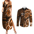 Wests Tigers Couples Matching Summer Maxi Dress and Long Sleeve Button Shirt Polynesian Tribal Tattoo Pacific Sport Art
