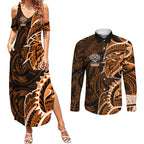 Wests Tigers Couples Matching Summer Maxi Dress and Long Sleeve Button Shirt Polynesian Tribal Tattoo Pacific Sport Art