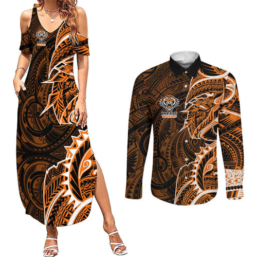 Wests Tigers Couples Matching Summer Maxi Dress and Long Sleeve Button Shirt Polynesian Tribal Tattoo Pacific Sport Art