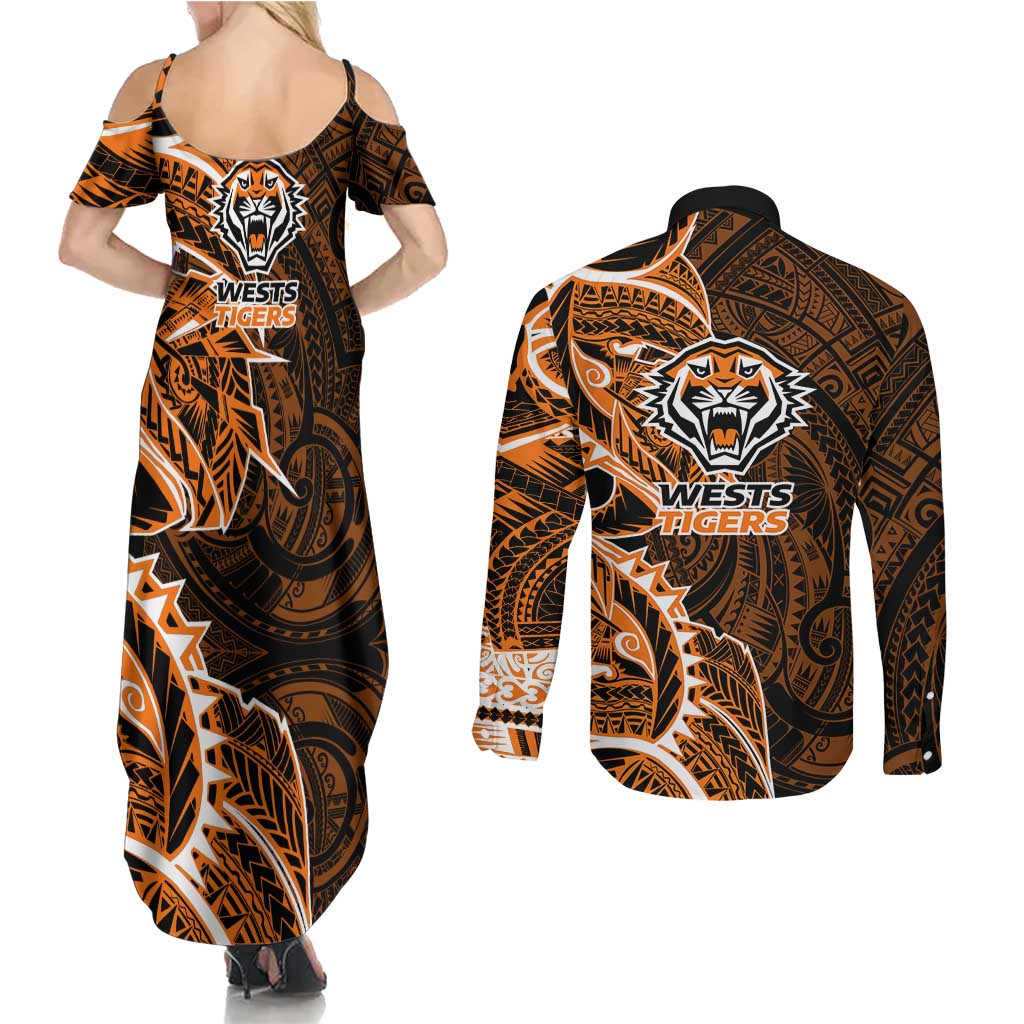 Wests Tigers Couples Matching Summer Maxi Dress and Long Sleeve Button Shirt Polynesian Tribal Tattoo Pacific Sport Art
