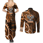 Wests Tigers Couples Matching Summer Maxi Dress and Long Sleeve Button Shirt Polynesian Tribal Tattoo Pacific Sport Art