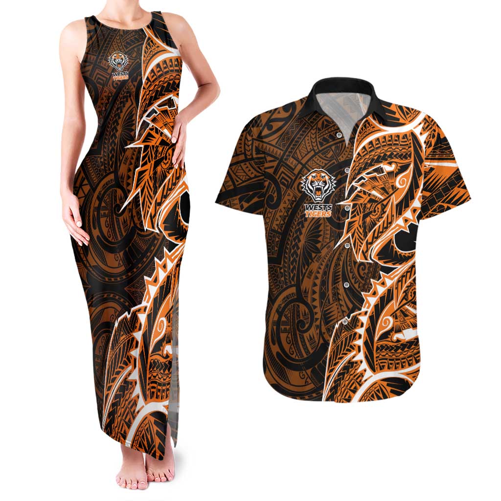 Wests Tigers Couples Matching Tank Maxi Dress and Hawaiian Shirt Polynesian Tribal Tattoo Pacific Sport Art