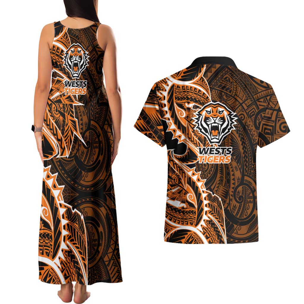 Wests Tigers Couples Matching Tank Maxi Dress and Hawaiian Shirt Polynesian Tribal Tattoo Pacific Sport Art