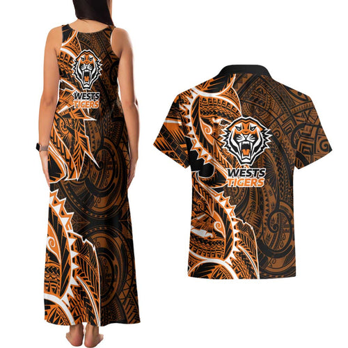 Wests Tigers Couples Matching Tank Maxi Dress and Hawaiian Shirt Polynesian Tribal Tattoo Pacific Sport Art