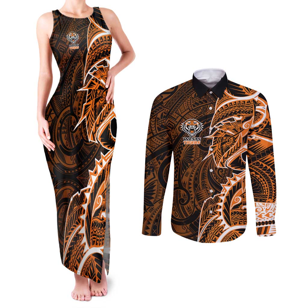 Wests Tigers Couples Matching Tank Maxi Dress and Long Sleeve Button Shirt Polynesian Tribal Tattoo Pacific Sport Art