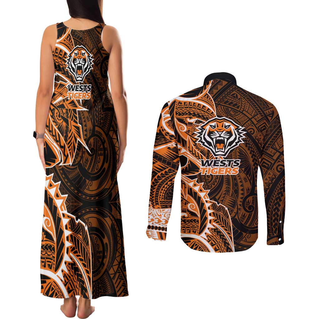 Wests Tigers Couples Matching Tank Maxi Dress and Long Sleeve Button Shirt Polynesian Tribal Tattoo Pacific Sport Art