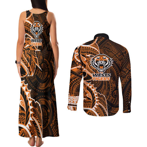 Wests Tigers Couples Matching Tank Maxi Dress and Long Sleeve Button Shirt Polynesian Tribal Tattoo Pacific Sport Art