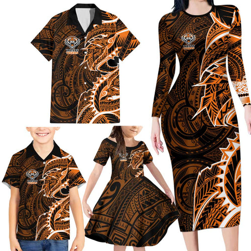 Wests Tigers Family Matching Long Sleeve Bodycon Dress and Hawaiian Shirt Polynesian Tribal Tattoo Pacific Sport Art