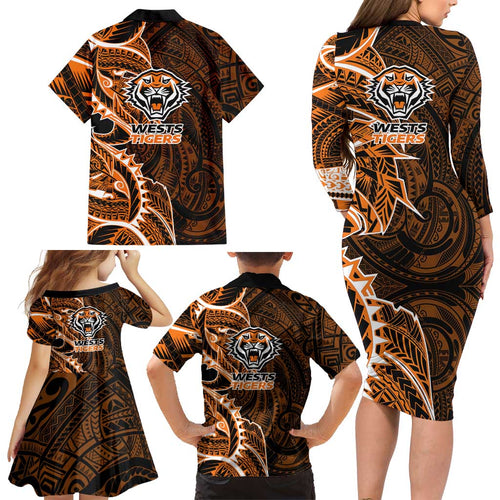 Wests Tigers Family Matching Long Sleeve Bodycon Dress and Hawaiian Shirt Polynesian Tribal Tattoo Pacific Sport Art