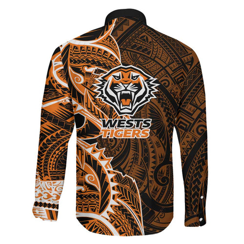 Wests Tigers Family Matching Long Sleeve Bodycon Dress and Hawaiian Shirt Polynesian Tribal Tattoo Pacific Sport Art