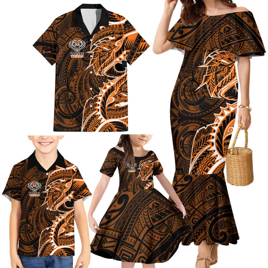 Wests Tigers Family Matching Mermaid Dress and Hawaiian Shirt Polynesian Tribal Tattoo Pacific Sport Art