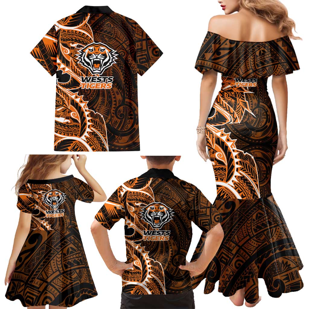 Wests Tigers Family Matching Mermaid Dress and Hawaiian Shirt Polynesian Tribal Tattoo Pacific Sport Art