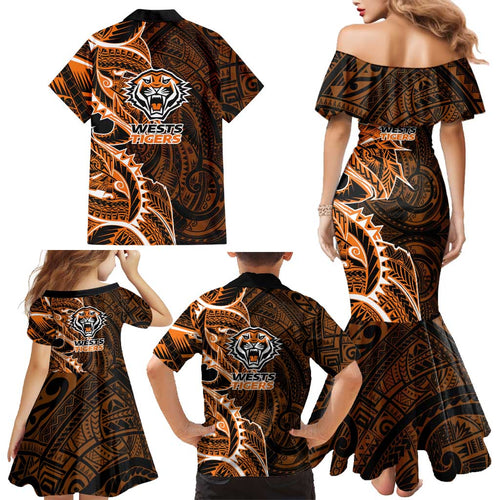 Wests Tigers Family Matching Mermaid Dress and Hawaiian Shirt Polynesian Tribal Tattoo Pacific Sport Art