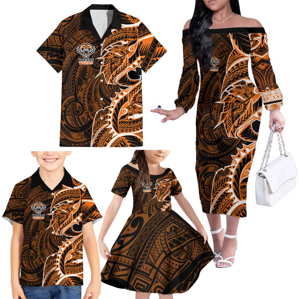 Wests Tigers Family Matching Off The Shoulder Long Sleeve Dress and Hawaiian Shirt Polynesian Tribal Tattoo Pacific Sport Art