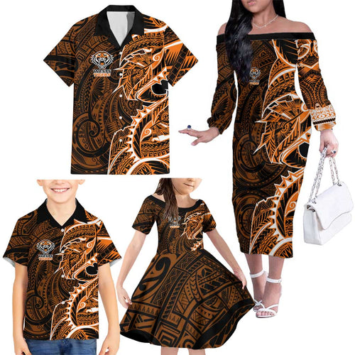 Wests Tigers Family Matching Off The Shoulder Long Sleeve Dress and Hawaiian Shirt Polynesian Tribal Tattoo Pacific Sport Art